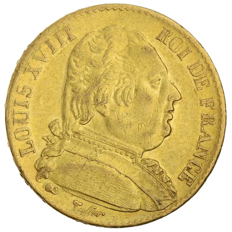 French 20 Francs Gold Coin Louis XVIII Uniformed Bust