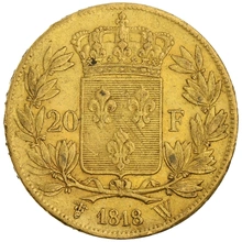 1818 French 20 Francs Gold Coin Louis XVIII Bare Head W