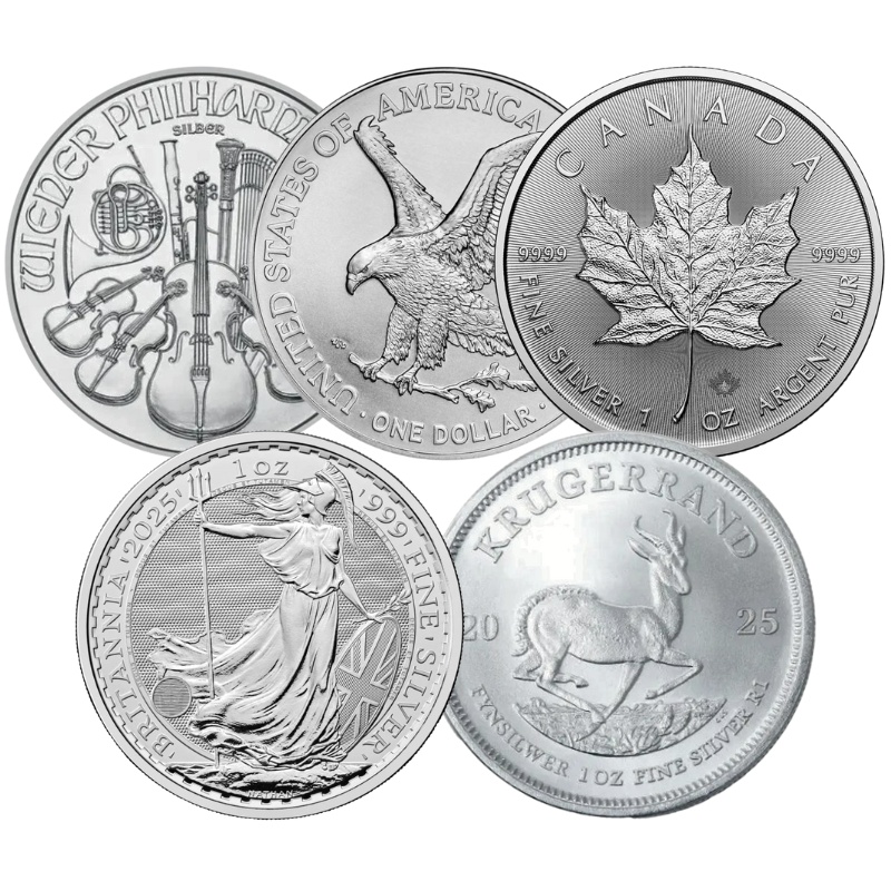 2025 1oz Silver Coin Set; Britannia, Krugerrand, Philharmonic, Eagle, Maple