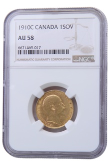 1910 Gold Sovereign Coin Edward VII Canada NGC AU58