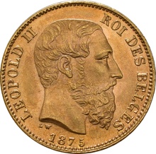 1870-1882 Belgian 20 Franc Gold Coin Leopold II Type 2