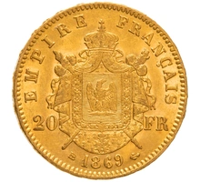 1869 French 20 Francs Gold Coin Napoleon III Laureate Head BB