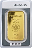 Heraeus 100 Gram Gold Bullion Minted Bar