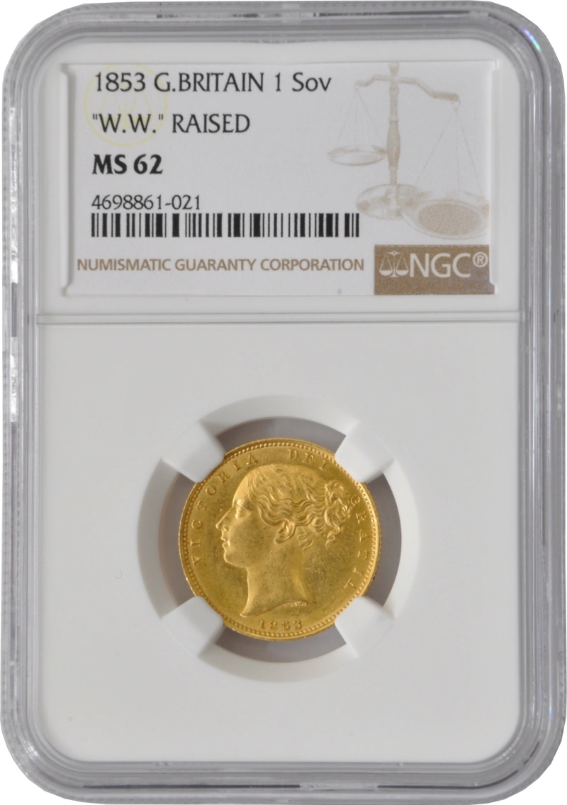 1853 Gold Sovereign Coin Queen Victoria Young Head Shield Back NGC MS62