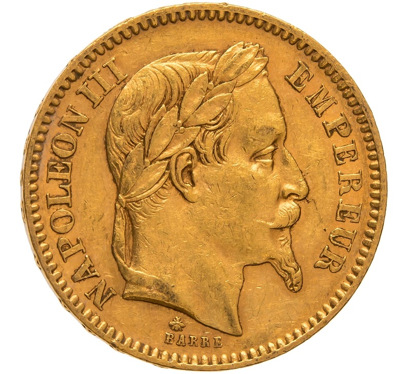 1863 French 20 Francs Gold Coin Napoleon III Laureate Head A