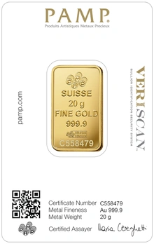 20g Gold Bar PAMP Lady Fortuna Minted