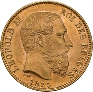 1870-1882 Belgian 20 Franc Gold Coin Leopold II Type 2