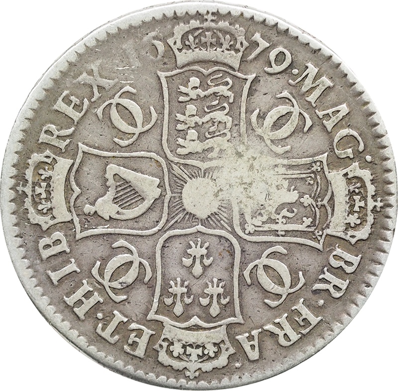 1679 Silver Half Crown Coin Charles II Fine