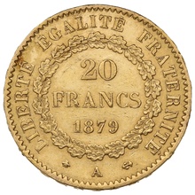 1879 French 20 Francs Gold Coin Guardian Angel A