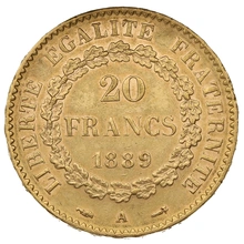 1889 French 20 Francs Gold Coin Guardian Angel A