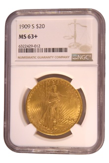 1909 $20 Gold Coin Double Eagle St Gaudens Head San Francisco NGC MS63+