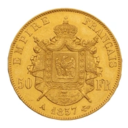 1857 French 50 Francs Gold Coin Napoleon III Bare Head A