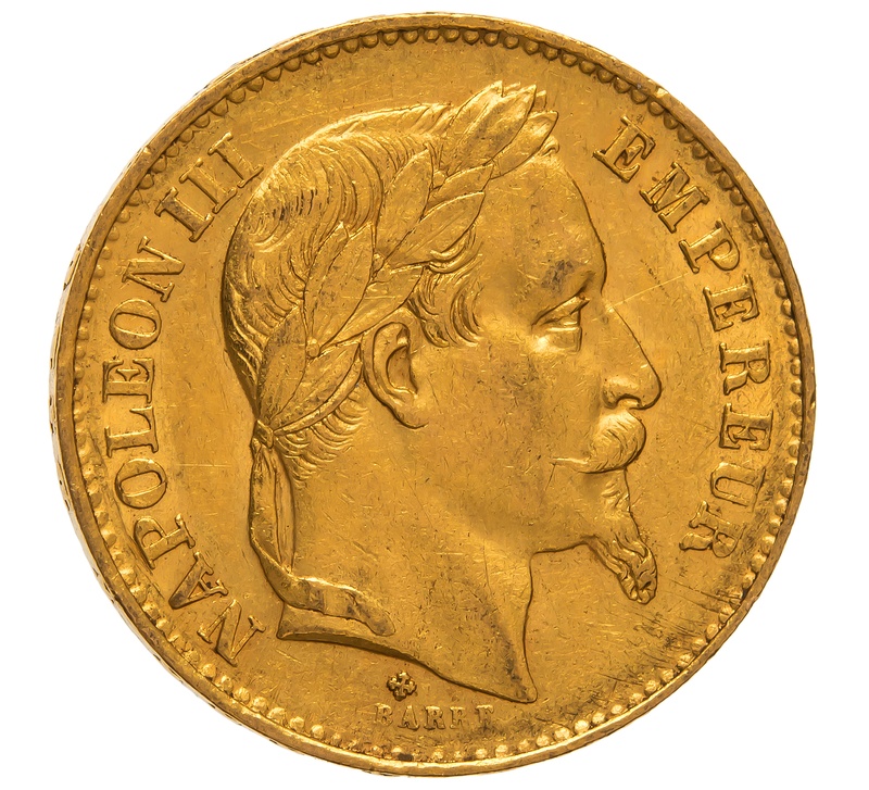 1868 French 20 Francs Gold Coin Napoleon III Laureate Head BB