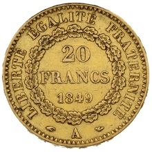 1849 French 20 Francs Gold Coin Guardian Angel