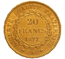 1877 French 20 Francs Gold Coin Guardian Angel A