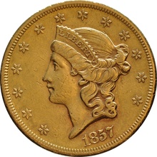 1857 $20 Double Eagle Liberty Head Gold Coin, San Francisco