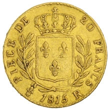 1815 French 20 Francs Gold Coin Louis XVIII Uniformed Bust R