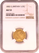 1802 Gold Half Guinea Coin George III Milled NGC AU53