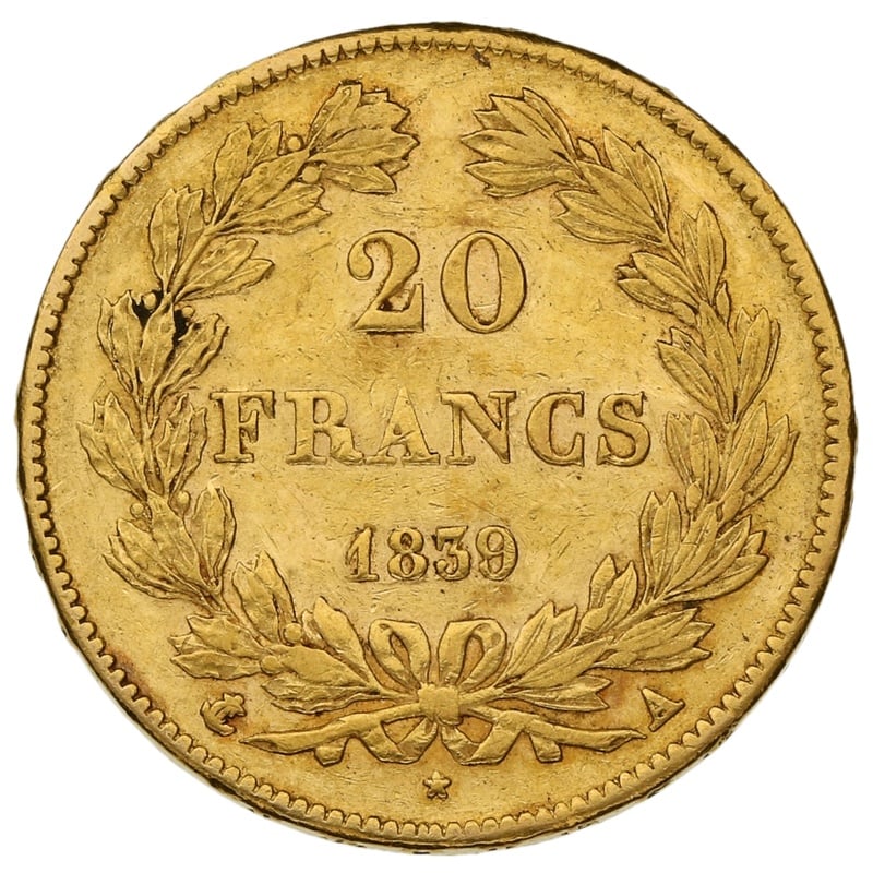 1839 French 20 Francs Gold Coin Louis-Philippe Laureate Head A