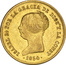1854 Spanish 100 Reales Gold Coin Isabel II Madrid NGC AU55