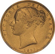 1853 Gold Sovereign Coin Queen Victoria Young Head Shield Back NGC AU50