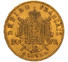 1861 French 20 Francs Gold Coin Napoleon III Laureate Head BB
