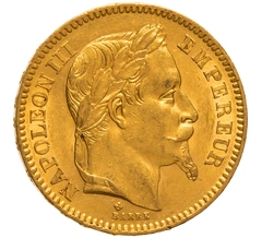 1865 French 20 Francs Gold Coin Napoleon III Laureate Head BB