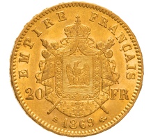 1869 20 French Francs - Napoleon III Laureate Head - BB