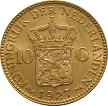 Dutch 10 Guilders Gold Coin Wilhelmina Old Head 1925-1933