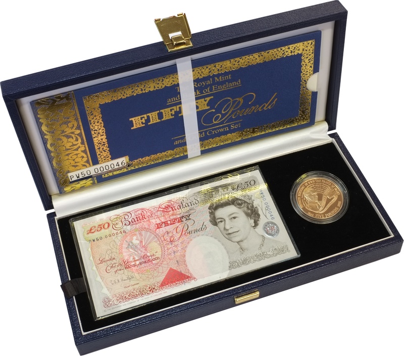 1998 - Gold £5 Proof Crown, with £50 note Boxed