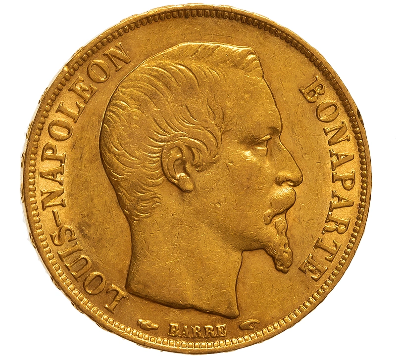 1852 French 20 Francs Gold Coin Napoleon III Bare Head A