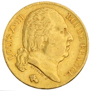 French 20 Francs Gold Coin Louis XVIII Bare Head