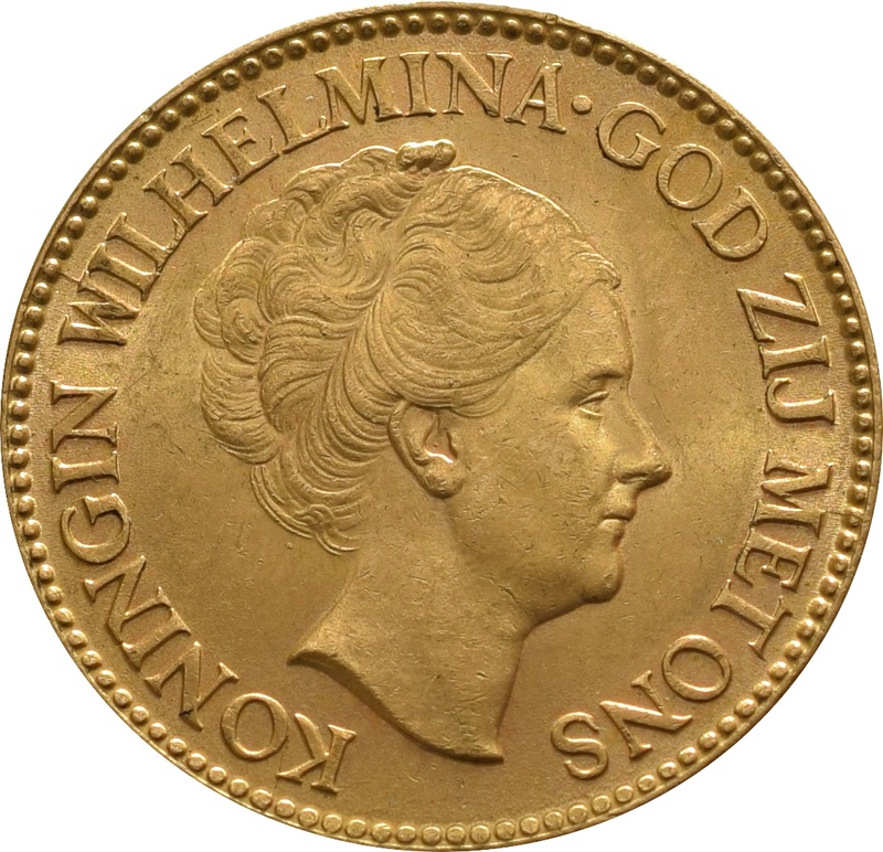 Dutch 10 Guilders Gold Coin Wilhelmina Old Head 1925-1933