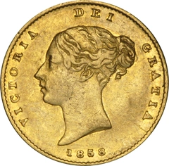 1858 Gold Half Sovereign Queen Victoria Young Head Shield Back NGC AU53