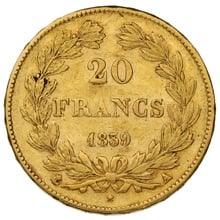 1839 French 20 Francs Gold Coin Louis-Philippe Laureate Head A