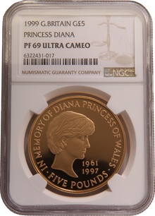 1999 Proof Gold Crown £5 Coin  Diana Princess of Wales Memorial NGC PF69