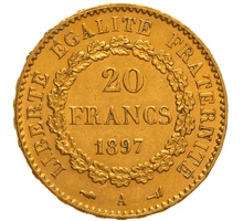 1897 French 20 Francs Gold Coin Guardian Angel A