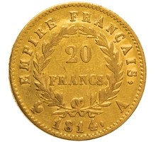 1814 French 20 Francs Gold Coin Napoleon I Laureate Head A