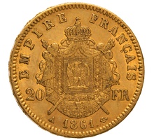 1861 French 20 Francs Gold Coin Napoleon III Laureate Head A