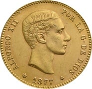 Spanish 25 Pesetas Gold Coin Alfonso XII Young Head