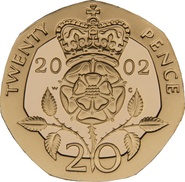 2002 Gold Proof 20p Twenty Pence Piece Crowned Tudor Rose