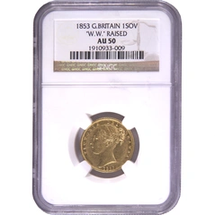 1853 Gold Sovereign Coin Queen Victoria Young Head Shield Back NGC AU50