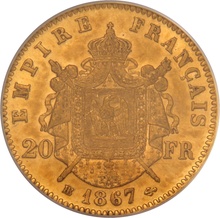 1867 20 French Francs - Napoleon III Laureate Head - BB PCGS MS62