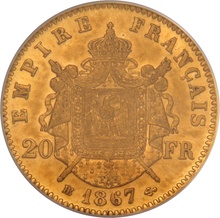 1867 French 20 Francs Gold Coin Napoleon III Laureate Head BB PCGS MS62
