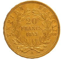 1853 French 20 Francs Gold Coin Napoleon III Bare Head A