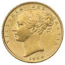 1864 Gold Sovereign - Victoria Young Head Shield Back - London