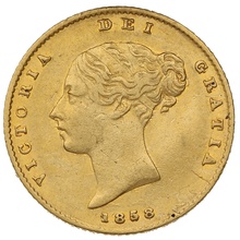 1858 Gold Half Sovereign Queen Victoria Young Head Shield Back