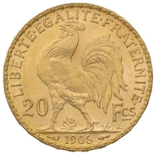1906 French 20 Francs Gold Coin Marianne Rooster