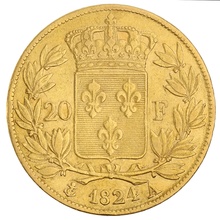 French 20 Francs Gold Coin Louis XVIII Bare Head
