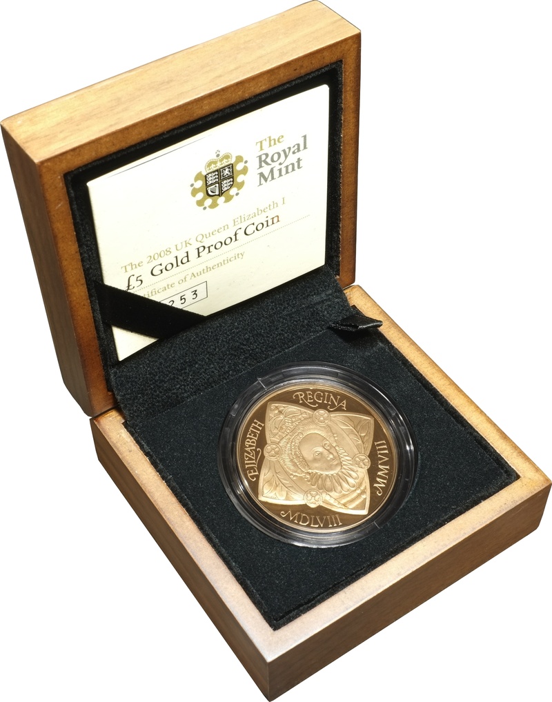 2008 Proof Gold Crown £5 Coin Queen Elizabeth I Boxed